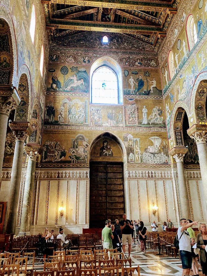 Golden mosaics at the walls of Monreale Cathedral.